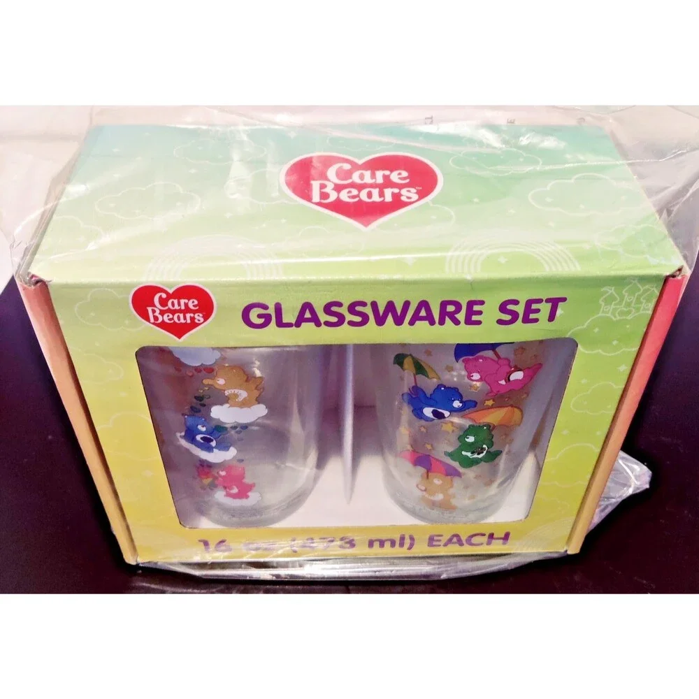 CARE BEARS 16oz Glasses Set of TWO Glassware Cups NEW